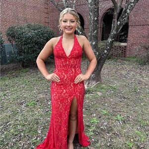 Elegant Red Lace Halter Dress Jovani